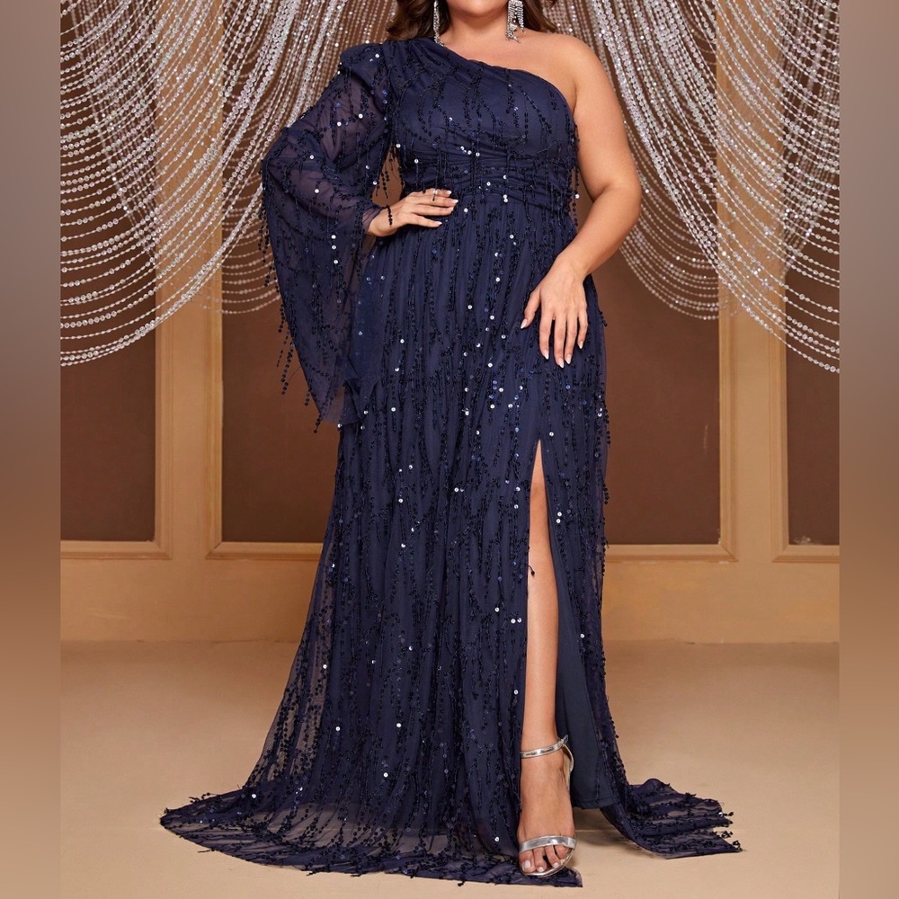 Luxe one shoulder slit thigh party prom wedding holidays sequins dress - Picture 1 of 1